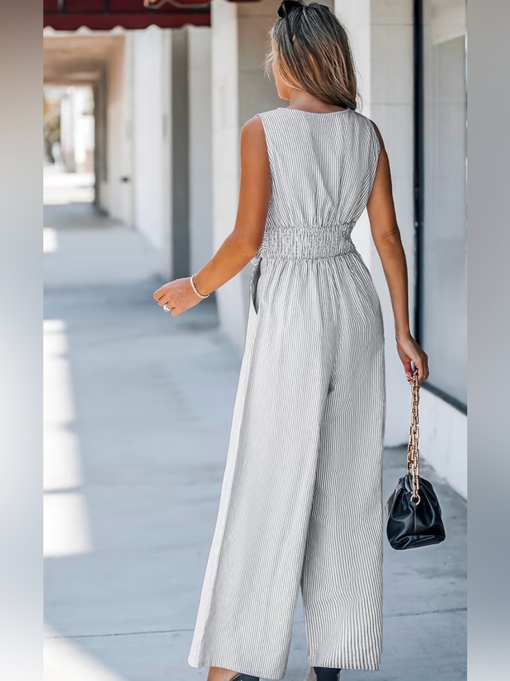 Cupshe Pinstriped Sash Jumpsuit NWT | Small • Wide‑Leg • Sleeveless • Chic Fit - Picture 4 of 6